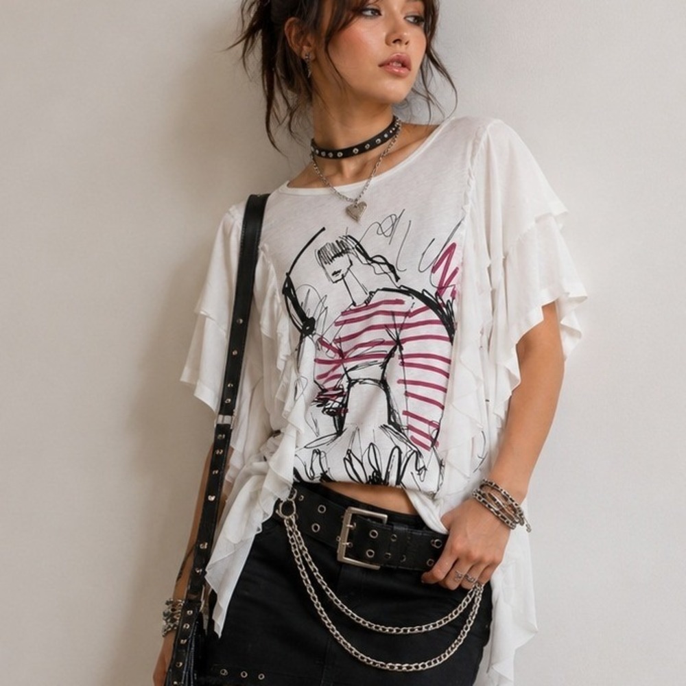 Zara Woman Fashion Graphic Ruffle Trim T-Shirt Small Punk Feminine Light Airy